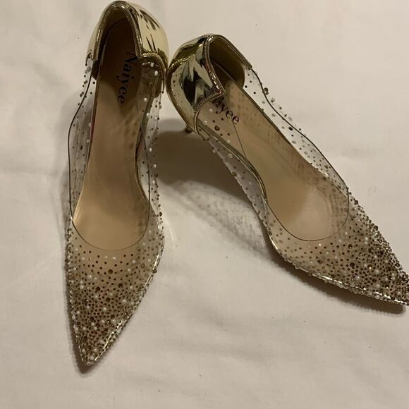Naiyee Size 9.5 pointed toe acrylic heels covered in pearls and sequins - Picture 6 of 15